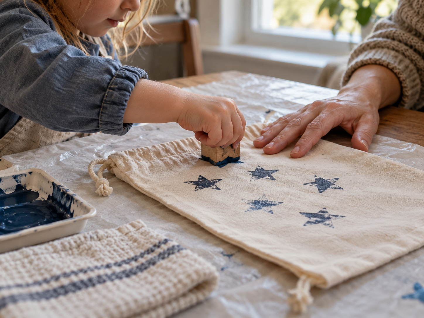Child stamping a star design onto a reusable cotton gift bag