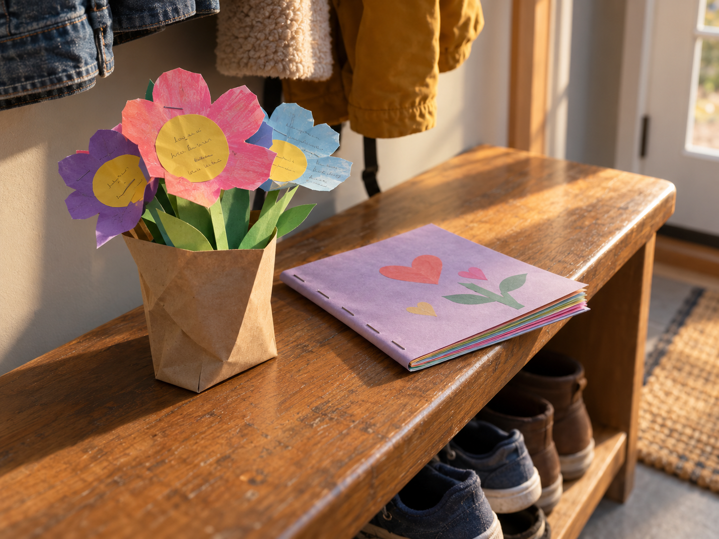 Handmade paper gratitude flowers beside a small class-memory booklet