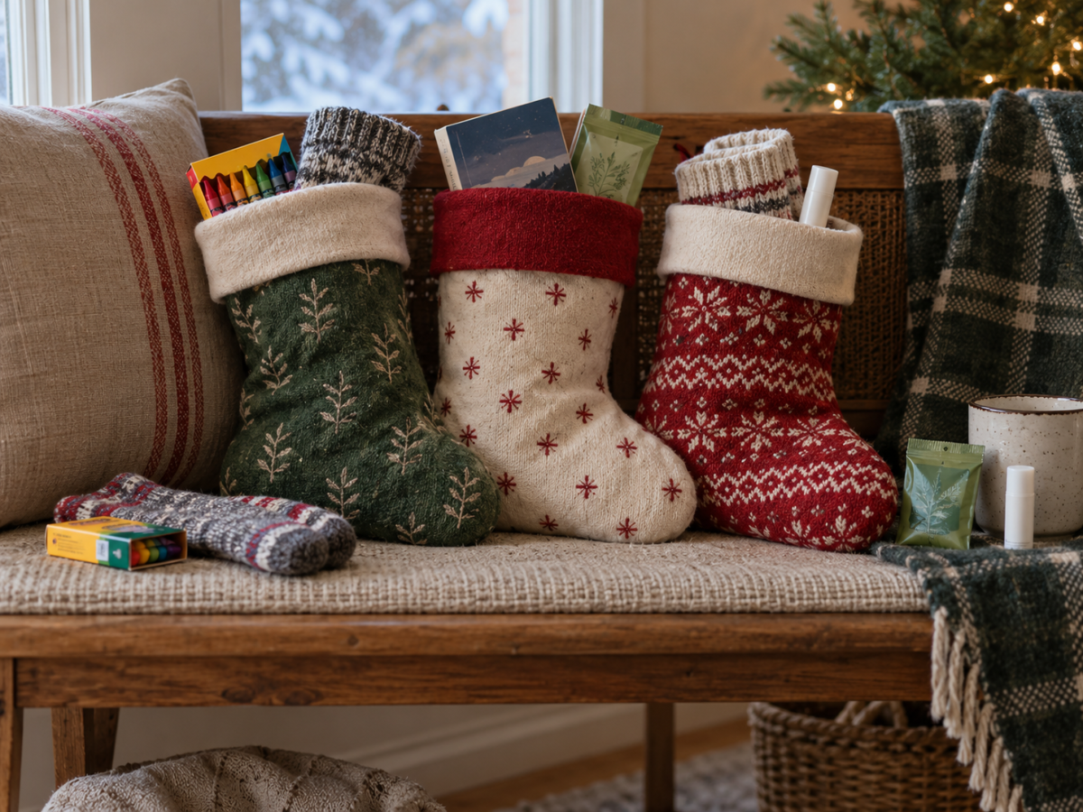 Modest family stockings with crayons, socks, a paperback and sealed treats