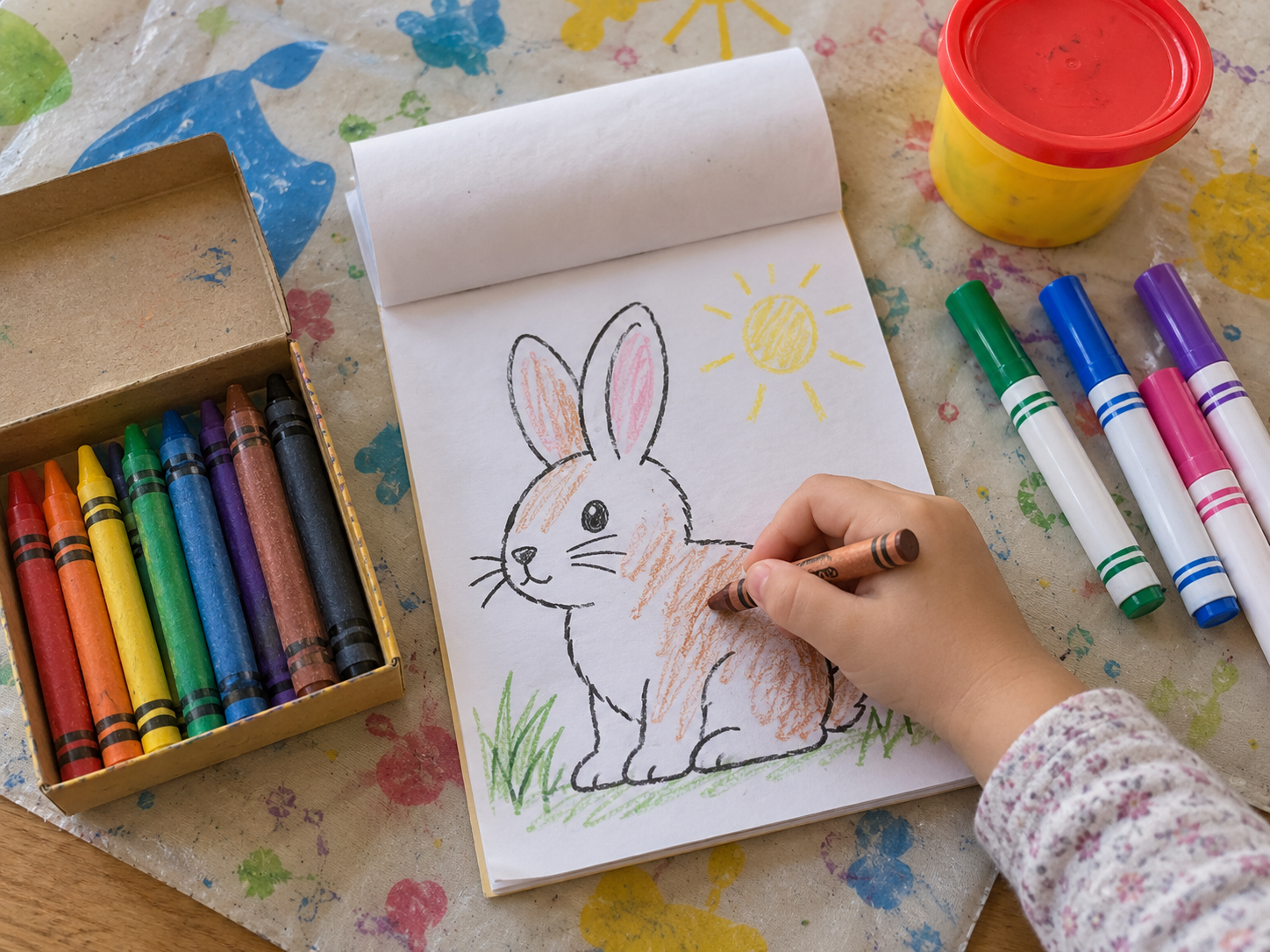 Small coloring supplies and modeling dough for a child’s stocking