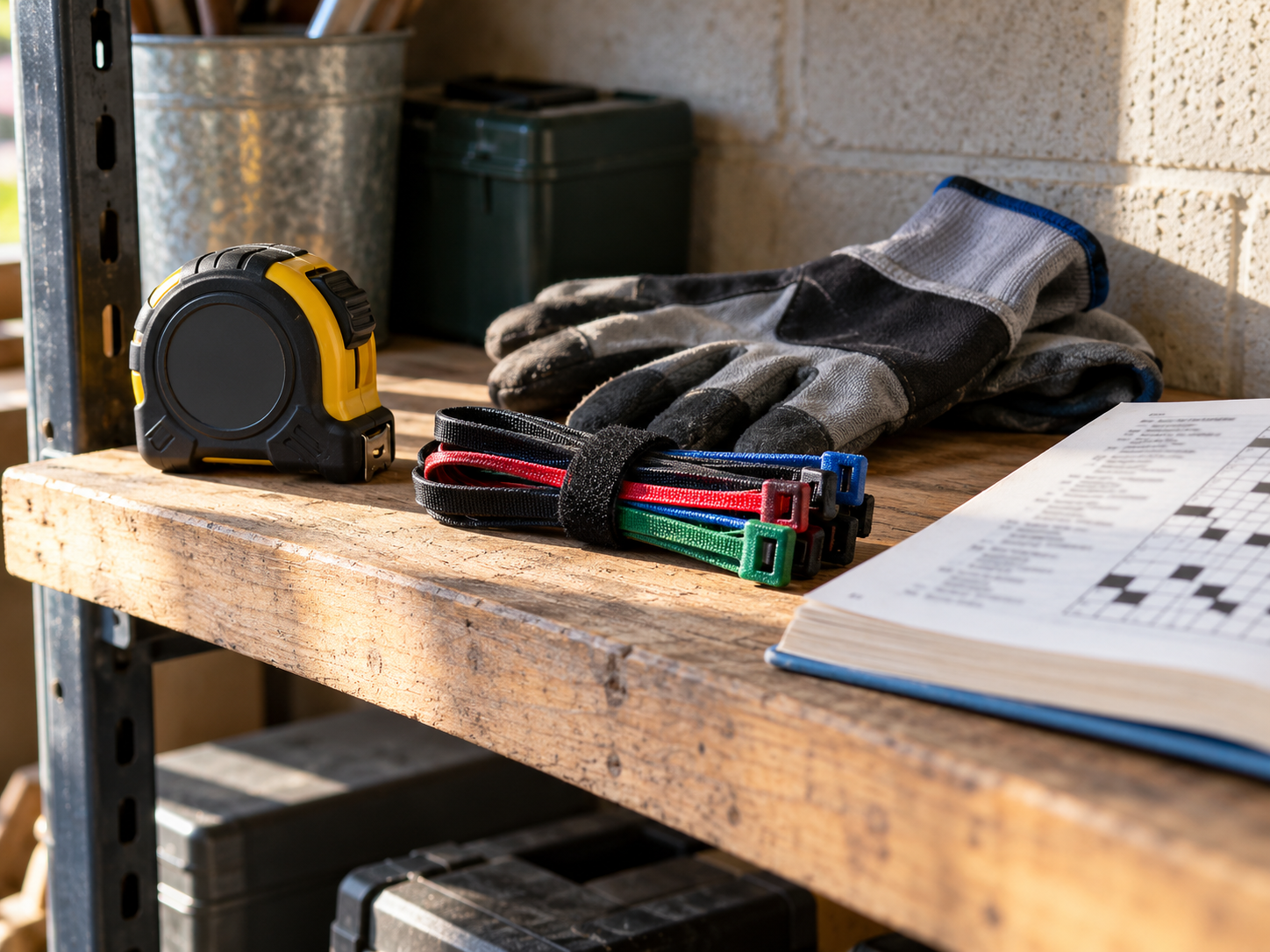 Compact tape measure, cable ties, work gloves and puzzle book