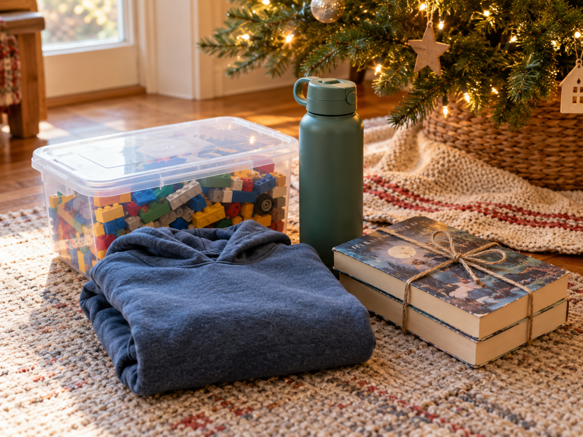 Building set, water bottle, hoodie and books as a four-gift Christmas plan