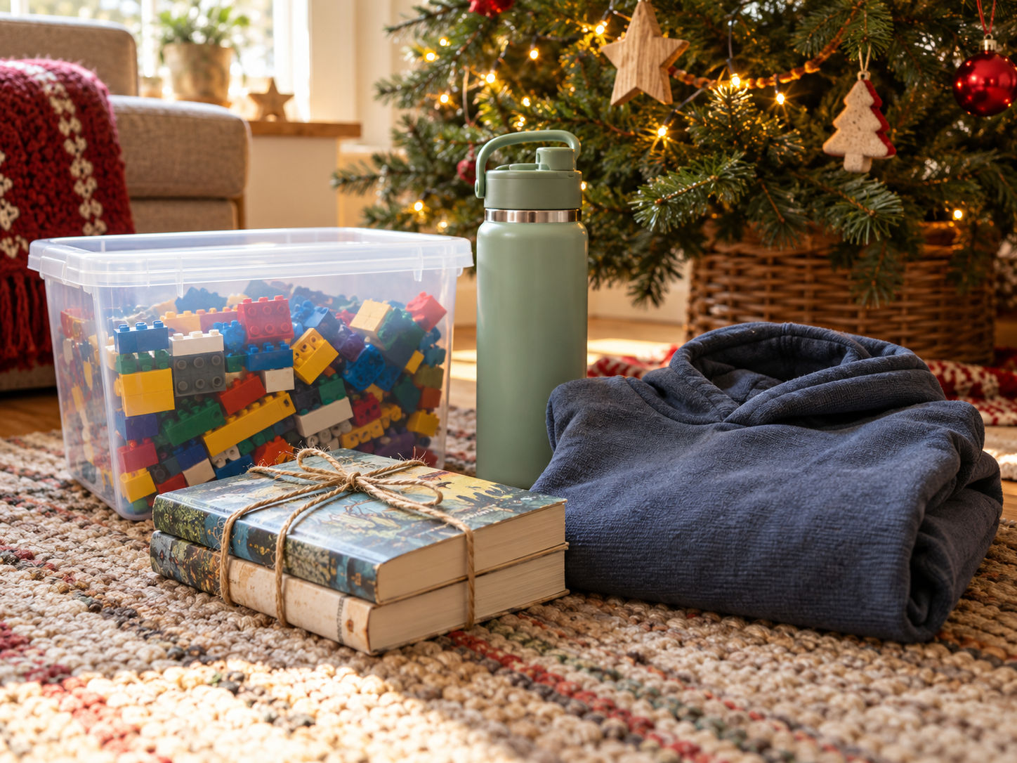 Building blocks, a water bottle, clothes and books arranged beside a Christmas tree