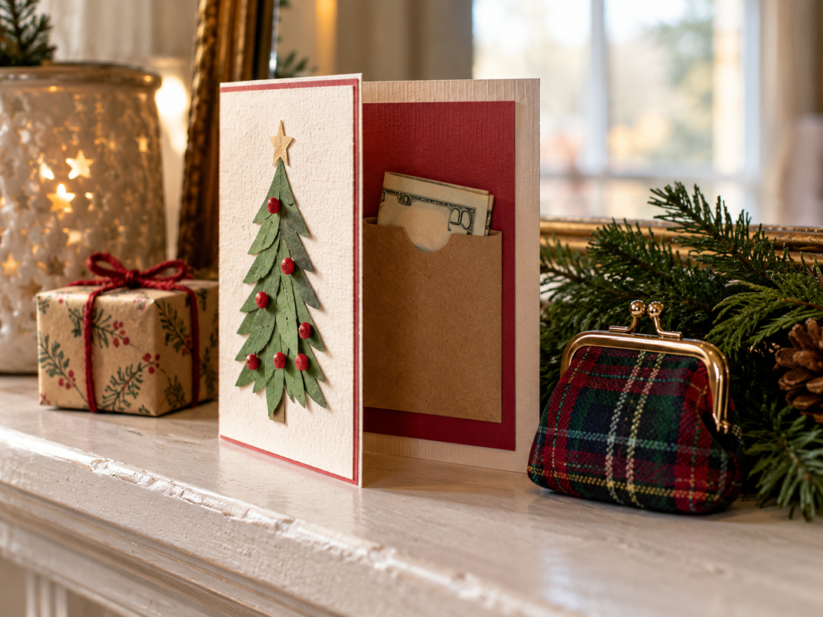Handmade Christmas card with a cash pocket beside a reusable coin purse