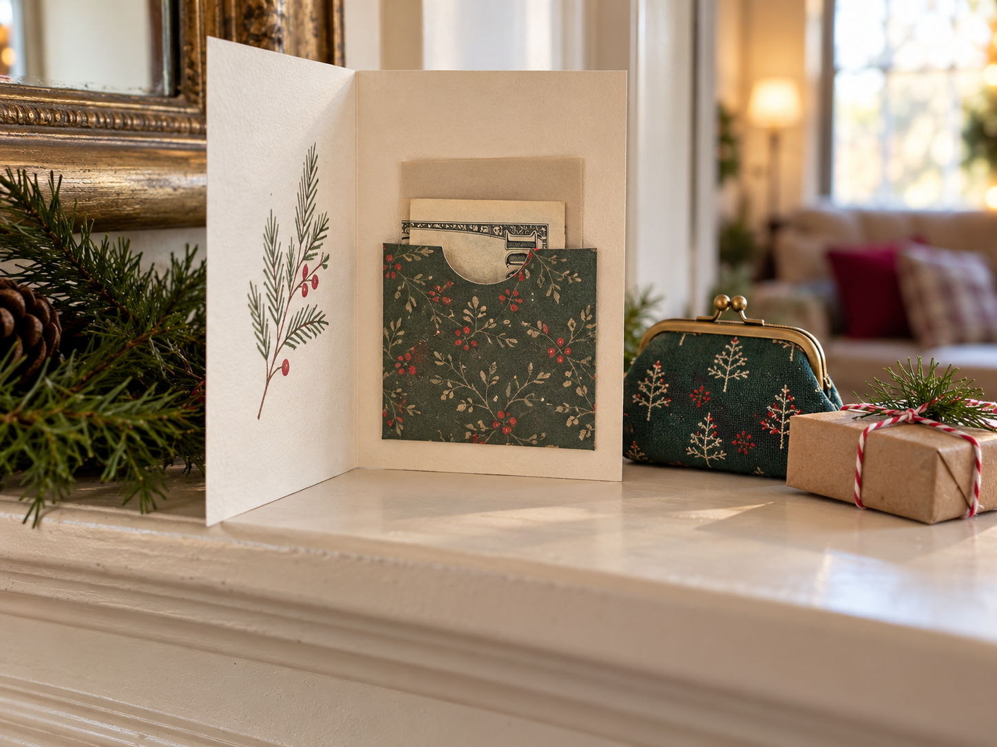 Folded cash in a patterned paper pocket inside a Christmas card