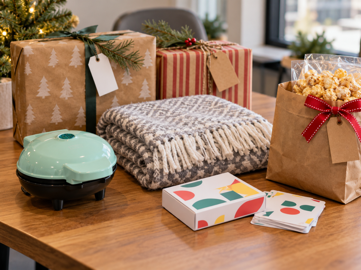 Compact waffle maker, folded throw, mug and wrapped gifts for a white elephant exchange