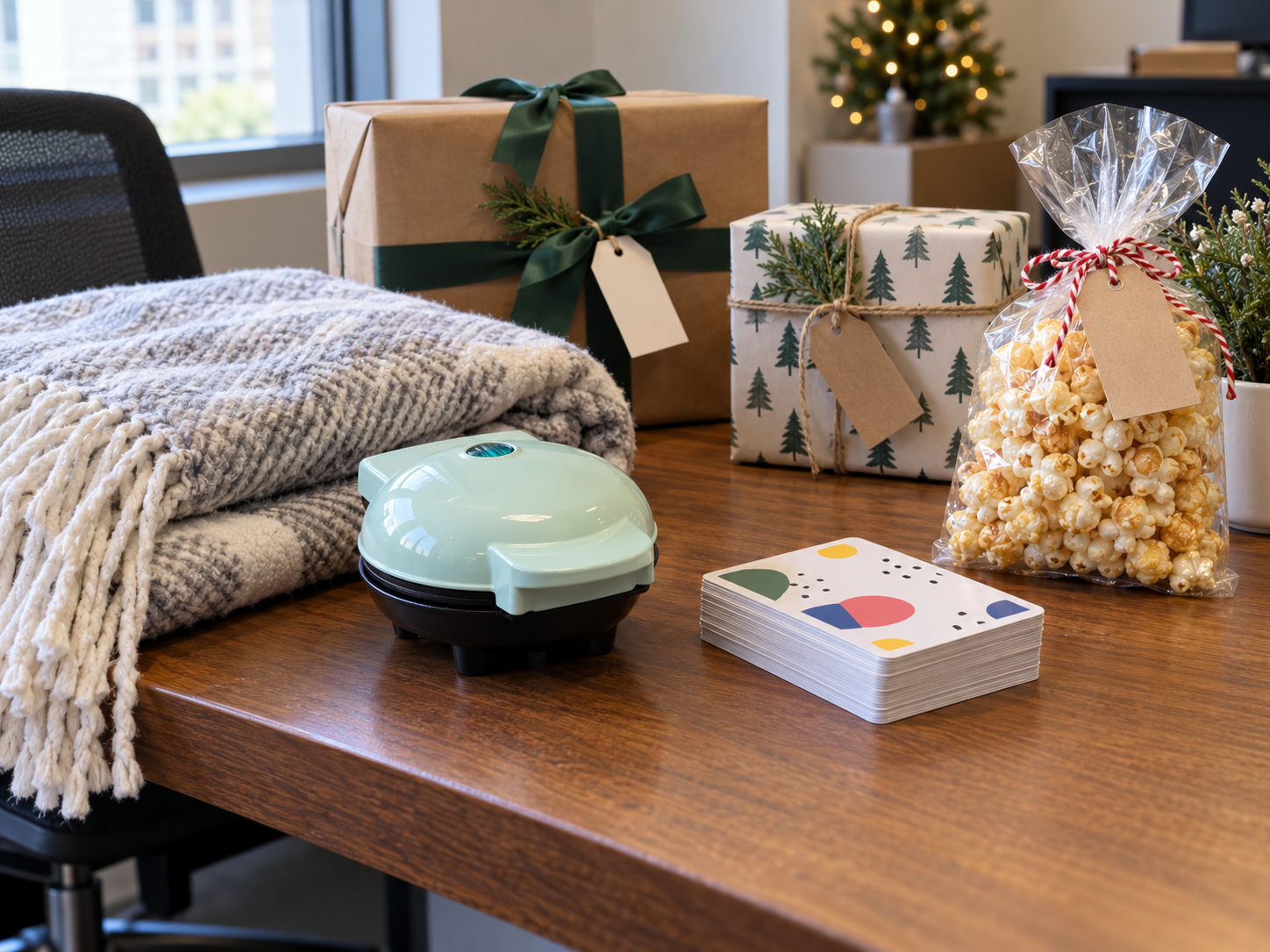 Compact waffle maker, mug, folded throw and small gifts on a holiday table